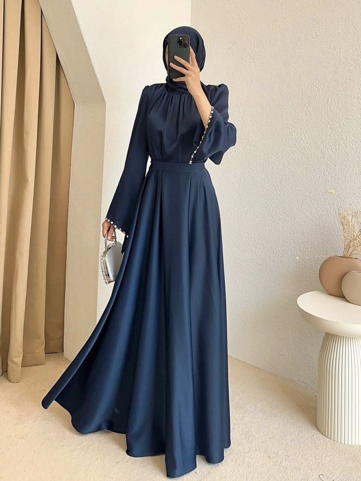 Pearl Trim Modest Evening Dress